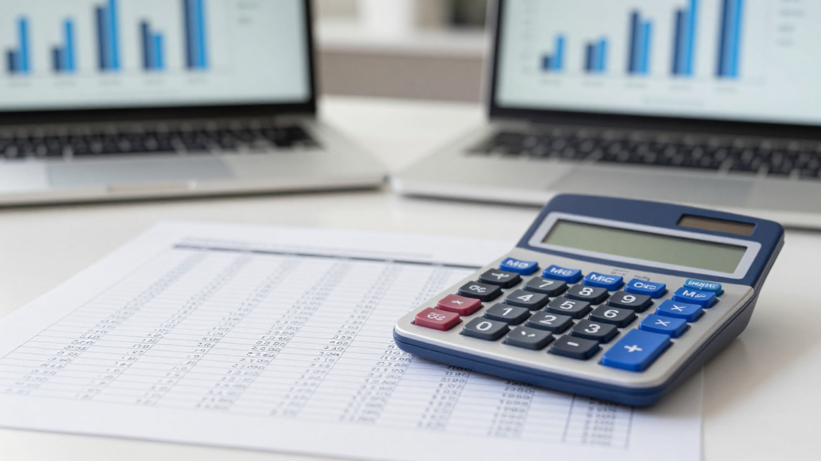 Escritorio con calculadora y hojas de cálculo de retorno de inversión