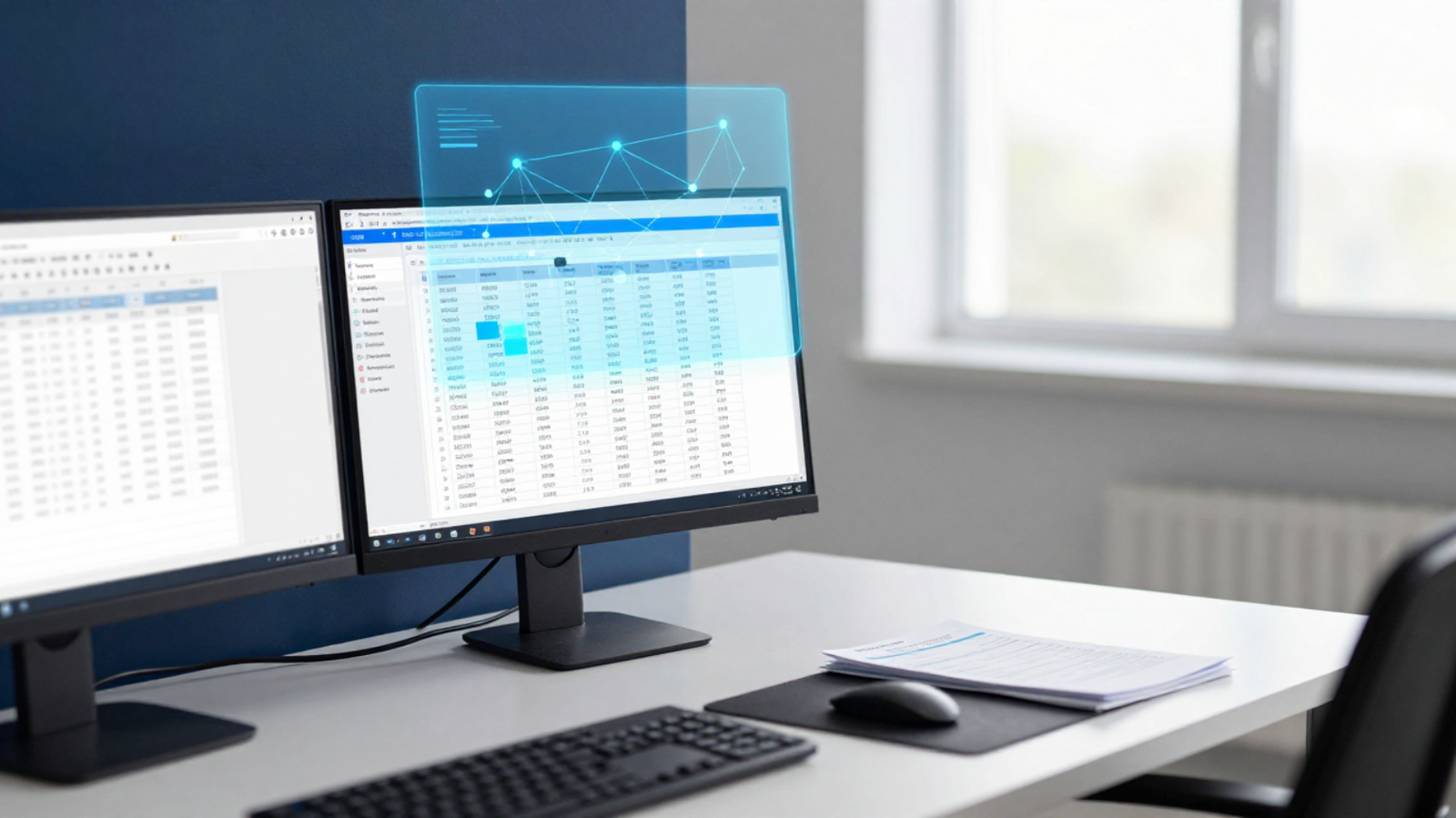 Escritorio con datos y análisis en pantalla, holograma de conexión de datos