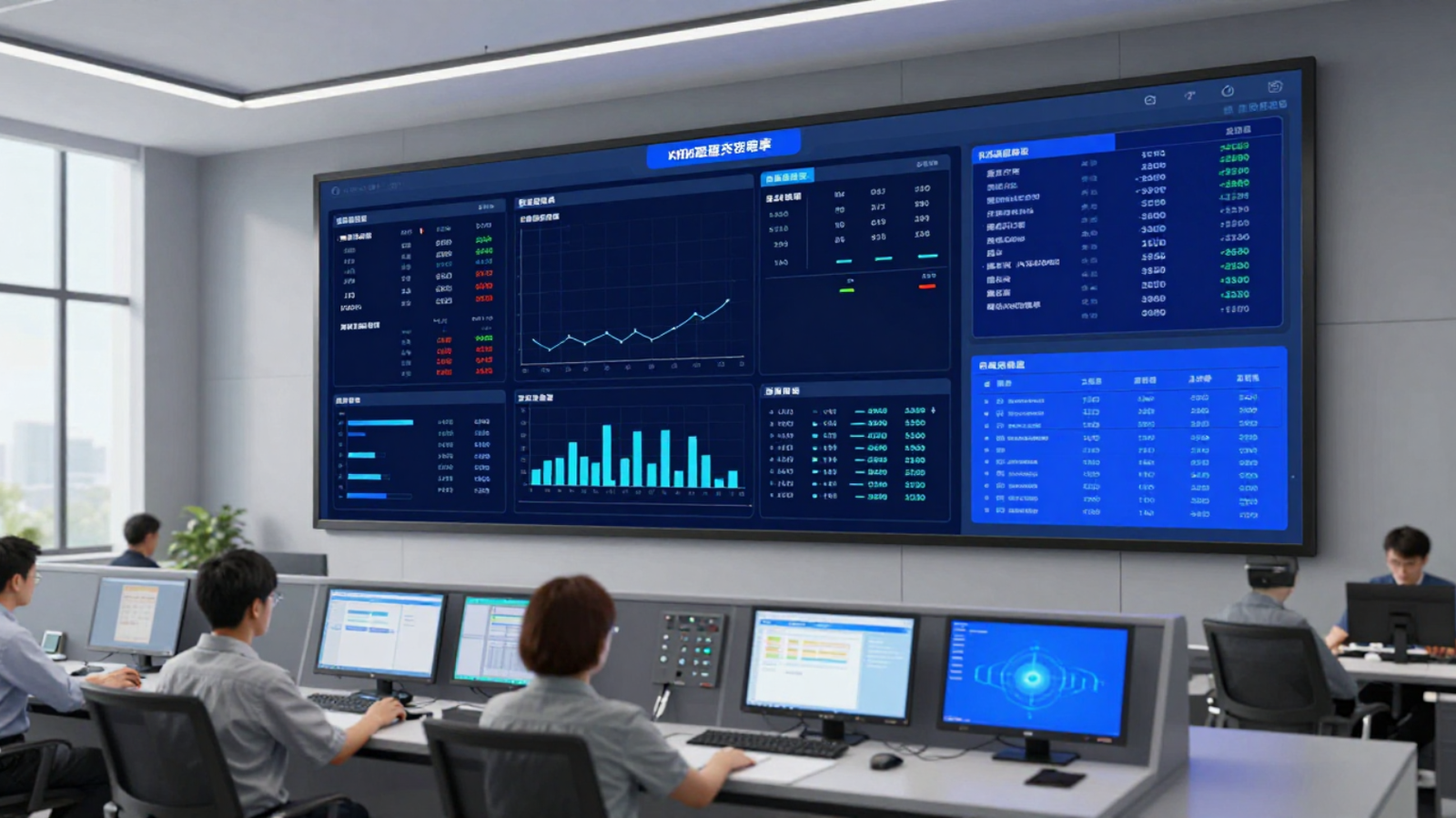 Sala de control con dashboard de producción en pantalla de pared